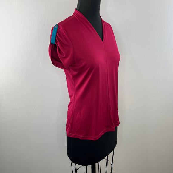 Greg Norman Play Dry Dark Pink V-Neck Short Sleeve Shirt Button Shoulder M - Picture 2 of 8